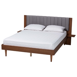 Baxton Studio Kalista Transitional Modern Grey Fabric and Walnut Brown Wood Queen Size Bed with Built-In Side Tables